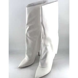 IDIFU Womens White Knee Fold Over Shark Boots Size 9.5 Stiletto Heel Pointed Toe